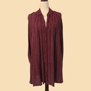 Free People Long Sleeve Boho Button-Up Mini Shirt Dress Burgundy Pockets Small